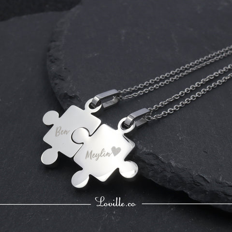(Silver) Puzzle Couple Engravable Necklace - Loville.co