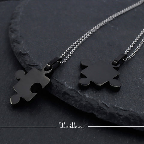 (Black) Puzzle Couple Engravable Necklace - Loville.co